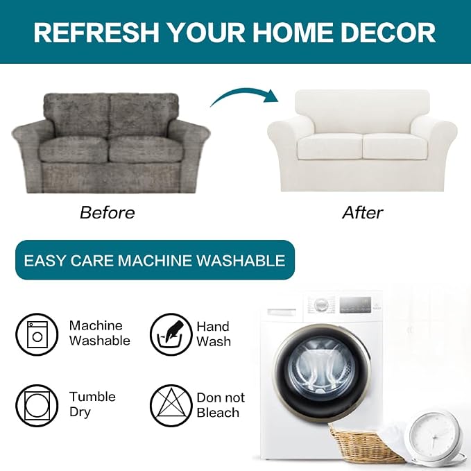 Turquoize 3 Piece Sofa Covers for 2 Cushion Couch Sofa Slipcover Soft Couch Cover for Dogs-Washable Sofa Furniture Cover with 2 Individual Cushion Covers (2 Cushion Sofa, Porcelain White)