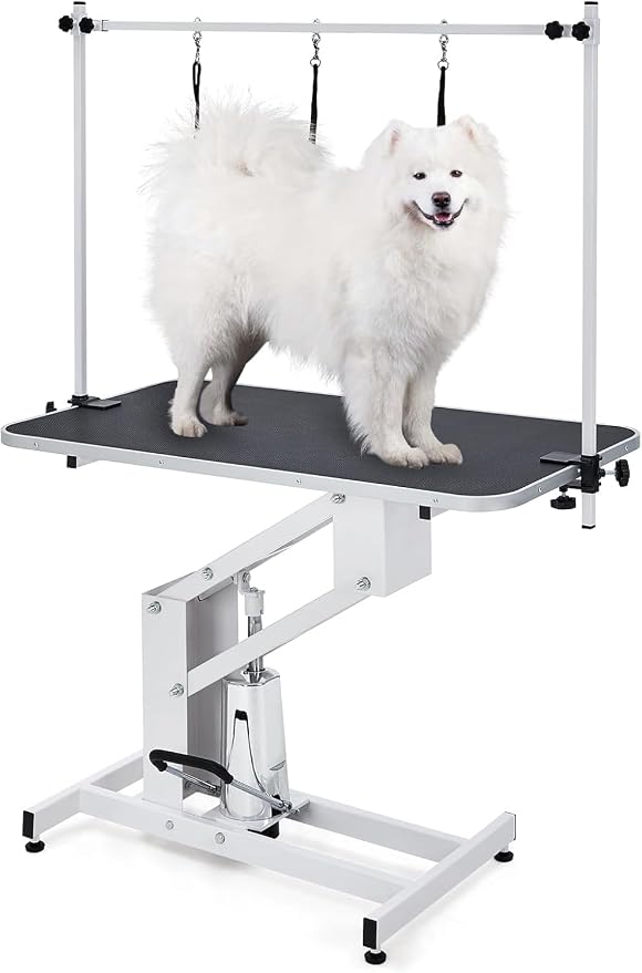 GarveeHome 43.6 in Pet Grooming Table for Large Dogs, Heavy Duty Height Adjustable Dog Grooming Table With Overhead Arm & Noose Height Range 22 in -39 in, Maximum Capacity Up to 350 LBS, White