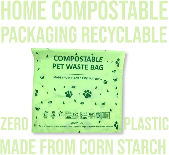 18 Microns Extra Thick premium Home Compostable Dog Poop Bags - Heavy Duty - Leak-Proof Pet Waste Bags with Easy-Tear Perforation - Eco-Friendly & Puncture Resistant