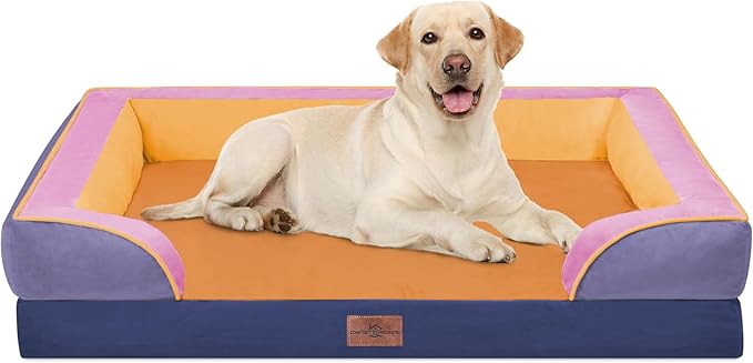 Comfort Expression Orthopedic Dog Bed for Extra Large Dogs 42x30 Inch, Waterproof Egg Crate Foam XL Pet Bed with Bolsters, Dog Couch with Washable Cover & Non-Slip Bottom, Orange Breeze