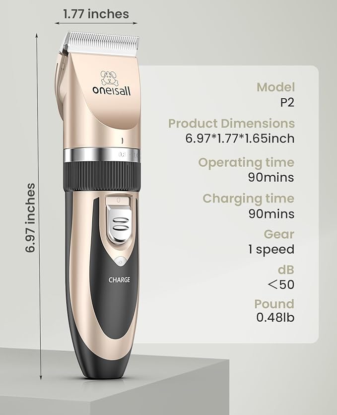 oneisall Dog Clippers Low Noise, Dog Grooming Kit with Rechargeable, Pet Shaver Cordless Electric Quiet Hair Clipper Set for Dogs Cats Pets(Gold)