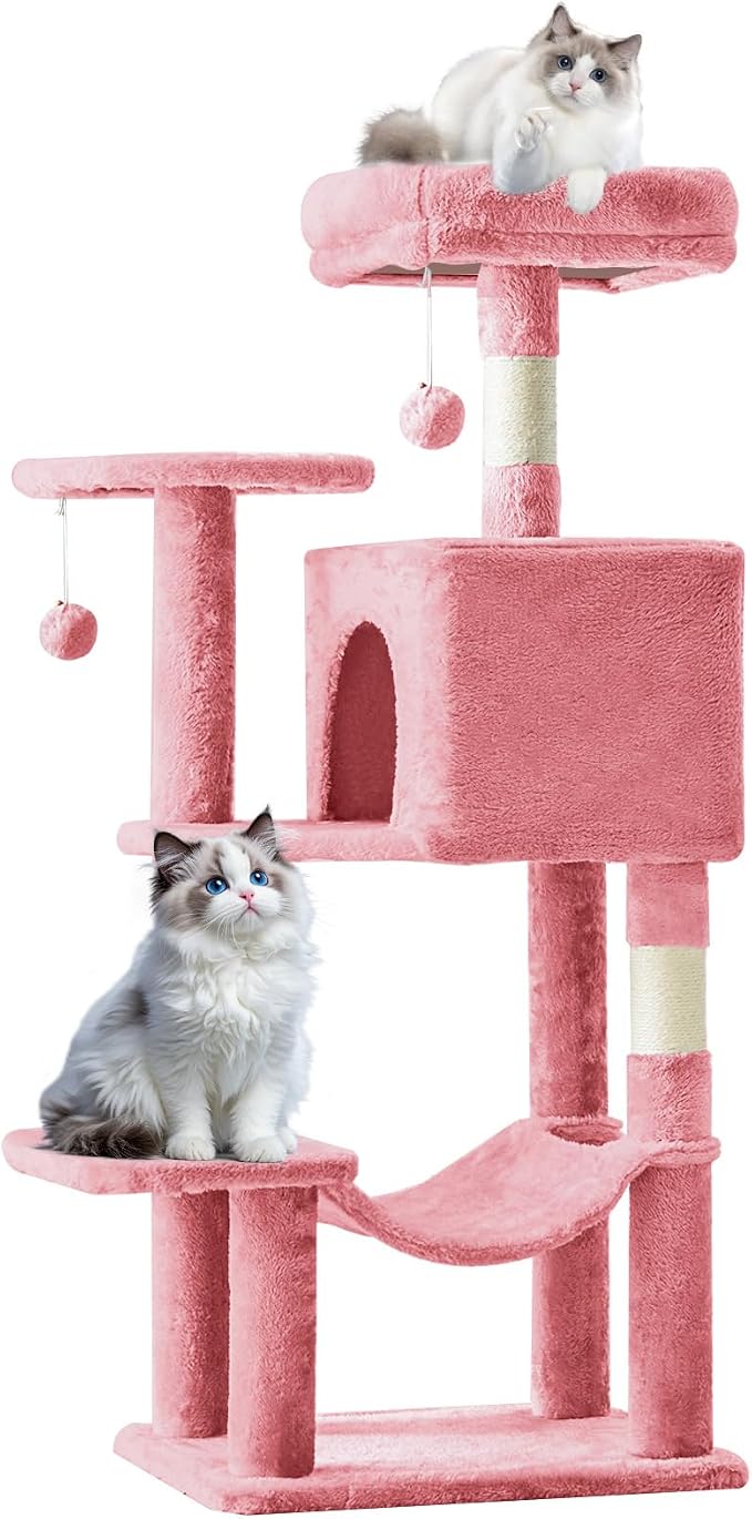 Sweetcrispy 44 Inch Cats Tree Tower, Cat Climbing Tower with Natural Sisal Scratching Posts, Hammock, Pet Condo for Indoor Cats and Kittens Play, Pink