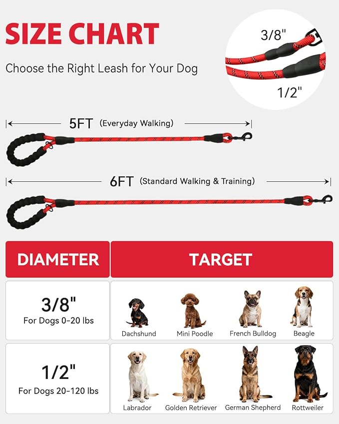 Joytale Dog Leash for Small Dogs, Heavy Duty Nylon Leashes with Comfortable Padded Handle and Highly Reflective Threads, Ideal for Walking and Training, Red, 5'×3/8''