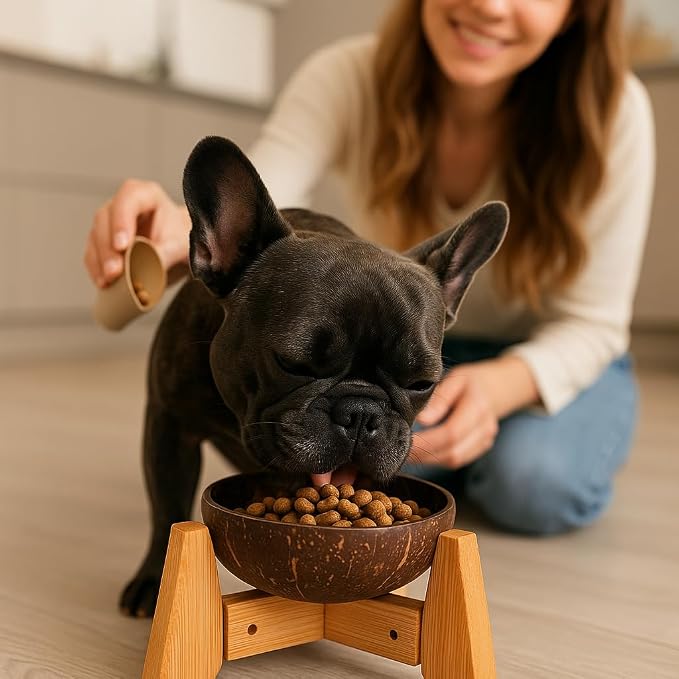 Raised Dog Bowl for Small Dogs - Elevated Natural Coconut Shell Bowl with Wood Stand - 20-oz Capacity