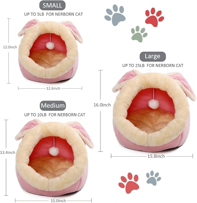 Cat Beds for Indoor Cats - Rabbit-Shaped Cat Cave Bed with Hanging Toy,Super Soft Calming Pet Bed for Kitten&Puppy,Small Dog,Warm Plush&Machine Washable&Removable Cotton Pad,Cat Hideaway