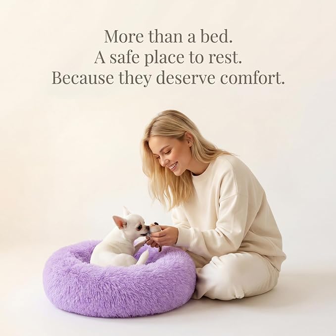 Calming Donut Dogs Beds for Small Dogs Washable,19inch Fluffy Round Puppy Bed for Puppies,Cats & Toy Breeds with Raised Rim,Fits up to 15 lbs Pets,Purple