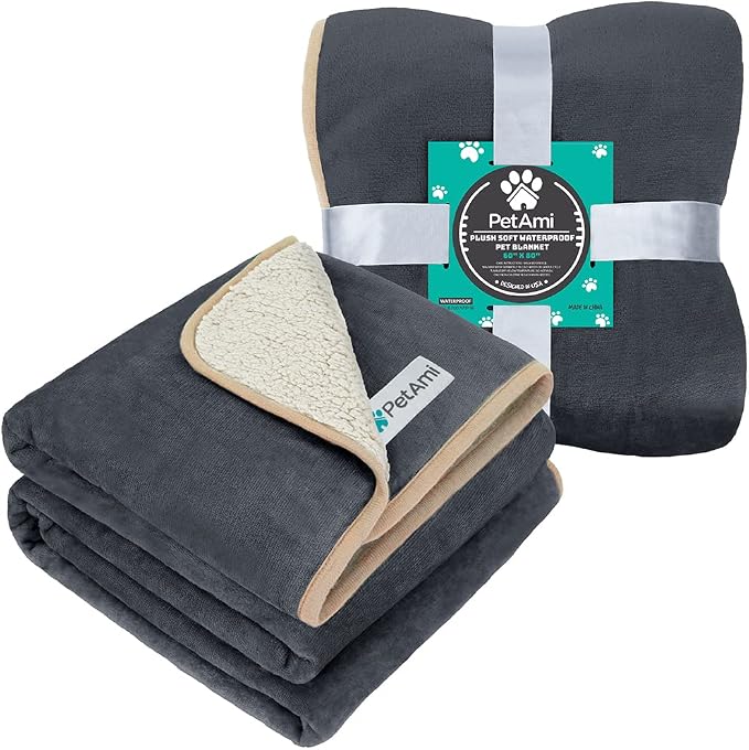 PetAmi Premium Waterproof Dog Blanket for Large Dogs, Reversible Sherpa & Flannel Fleece, Leakproof Pet Throw for Couch Protection, Soft Plush Furniture Protector for Cats, Washable, 60x80 Grey/Beige