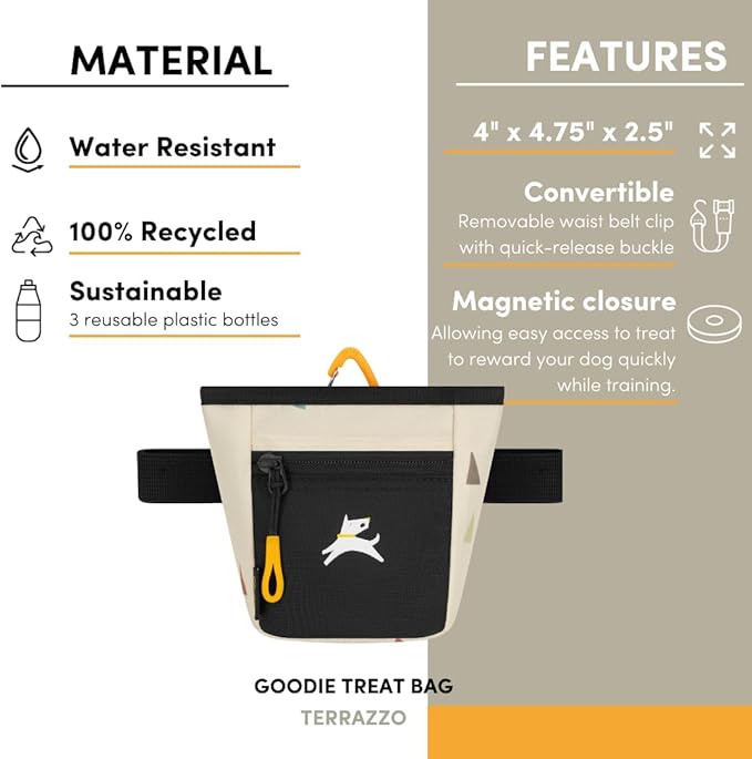 OllyDog, Goodie Treat Bag, Dog Treat Training Pouch | Magnetic Closure | 3 Ways to Wear | Hands-Free Waist Belt | Water-Resistant Recycled Vegan Fabric (Terrazzo)