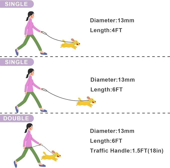Rope Dog Leash with Two Handles, 6 Foot Heavy Duty Dog Leash with Aviation Aluminum Auto Locking Carabiner, Strong Nylon Pet Lead for Small, Medium, Large Dogs (Purple, 6FT-Two Handle)