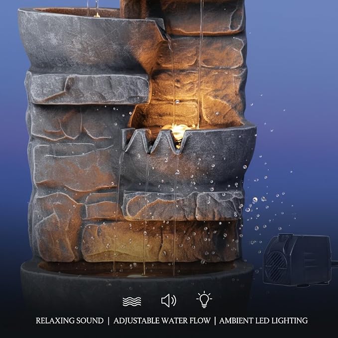 Teamson Home 33" Outdoor Water Fountain with LED Lights, 3-Tier Cascading Bowls, Weather-Resistant Resin Garden Water Feature for Patio, Lawn, and Backyard Decor – Stone Gray