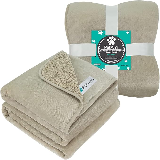 PETAMI Sherpa Fleece Waterproof CAT and Dog Blanket, Taupe, Large