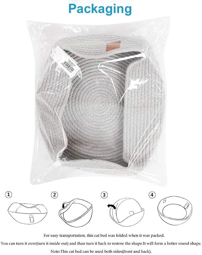 Large Cat Bed Basket Round Cotton Rope Woven - Calming Rope Bed Sleep Surface 17.7 inches(45 cm),Cozy Scratching Indoor Pet Bed for a Large Cat or 2 Small Cats,Fit up to 20 lbs Pets,Washable,Grey