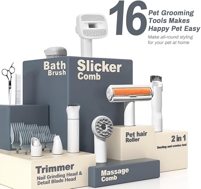 Bunfly Dog Grooming Kit,13000Pa Strong Grooming & Vacuum Suction 99.99% Pet Hair, 16 Pet Grooming Tools for Dogs Cats, 3L Large Capacity Dust Cup, Quiet Pet Vacuum Groomer (Grey)