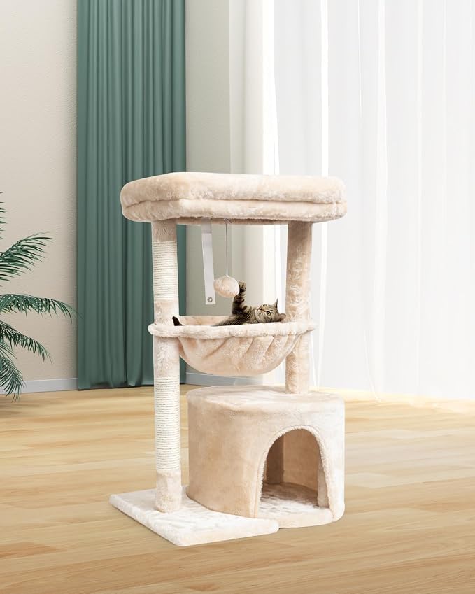 SYANDLVY Small Cat Tree for Indoor Cats, Kittens Condo with Scratching Post and Board, Modern Activity Tower with Cradle, Beige