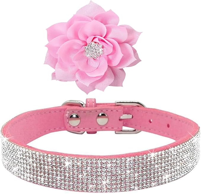 Cute Dazzling Sparkling Soft Suede Leather Dog Cat Rhinestone Collar Crystal Diamond Pet Dog Puppy Collar (Pink, S)