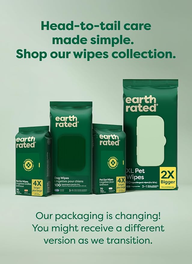 Earth Rated Pet Wipes for Dogs and Cats, Hypoallergenic, 3-in-1 Cleaning, Deodorizing and Hydrating, for Grooming Paws, Body and Butt, New White Tea and Basil Scent, 100 Count