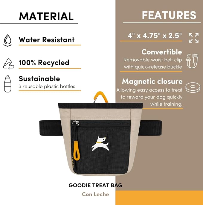 OllyDog, Goodie Treat Bag, Dog Treat Training Pouch | Magnetic Closure | 3 Ways to Wear | Hands-Free Waist Belt | Water-Resistant Recycled Vegan Fabric (Con Leche)