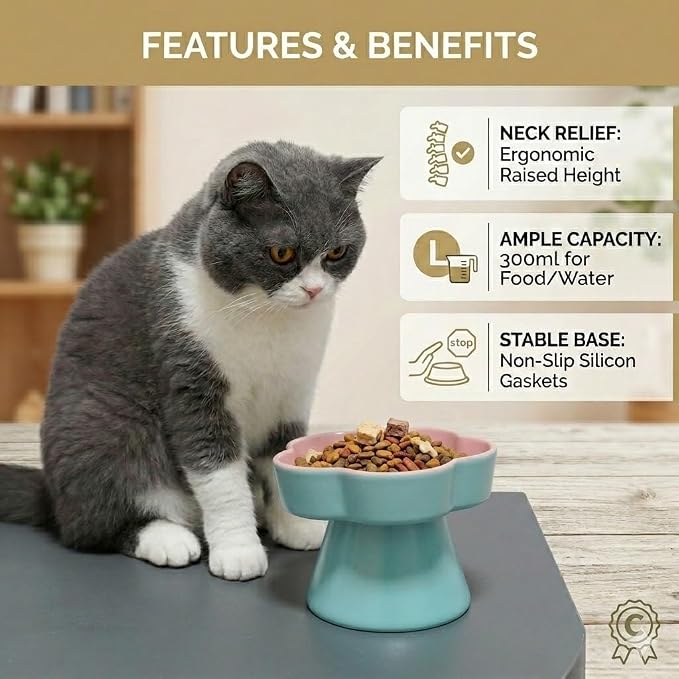 Elevated Ceramic Slow Feeder Cat Bowl, 15° Tilted Feeding Dish Helps Reduce Fast Eating and Vomiting, Whisker-Friendly Heavy Smooth Matte Ceramic, Dishwasher Safe (Blue/Pink)