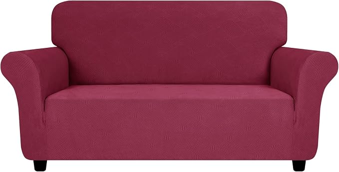 ZNSAYOTX Super Stretch Loveseat Covers (57"-70"), New Striped Love Seat Slipcover, Dogs Pet Friendly Anti-Slip Couch Protector Spandex Durable 2 Seater Fabric Sofa Cover (Wine Red, Loveseat)