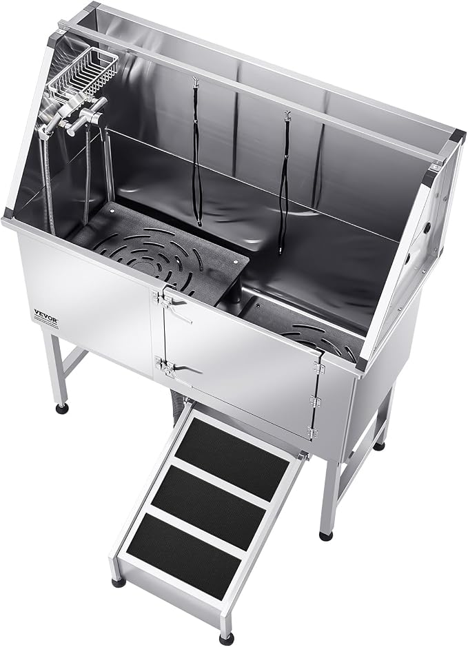 VEVOR Stainless Steel Dog Washing Station, 50 inch Pet Grooming Tub w/Ramp, PE Water Filter Board, Faucet & Showerhead & Soap Holder Dog Bathtub for Large & Medium & Small Pets (Right Door)