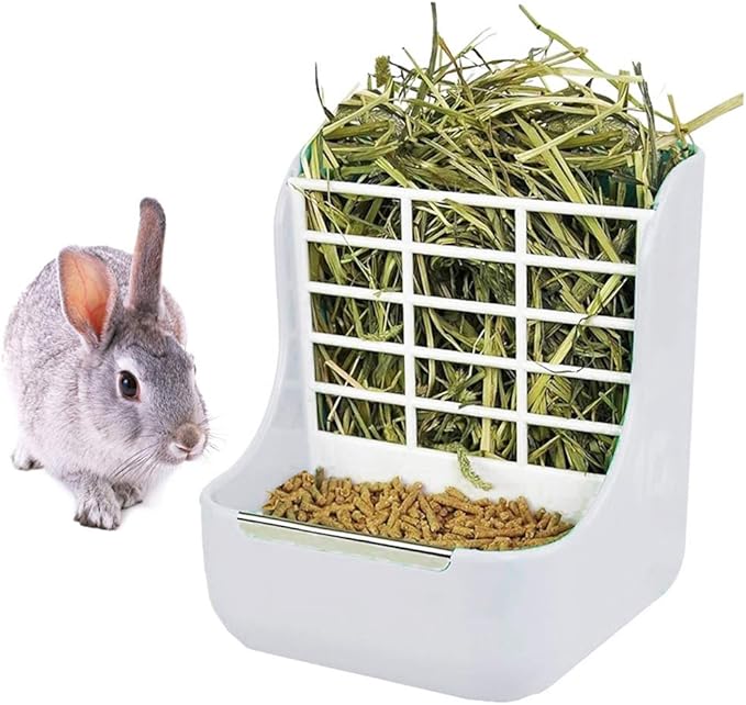 Rabbit Supplies with Bowl & Hay Feeder - Accessories for Bunnies & Guinea Pigs, 6x6x7 Inches (White)