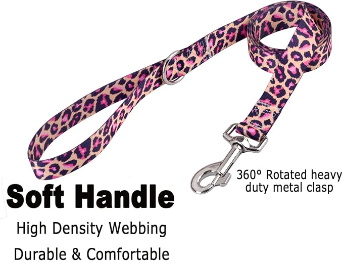 Mihqy Dog Collar and Leash Set with Bohemia Floral Tribal Geometric Patterns - Soft Ethnic Style Collar Adjustable for Small Medium Large Dogs(Pink Leopard Set,S)