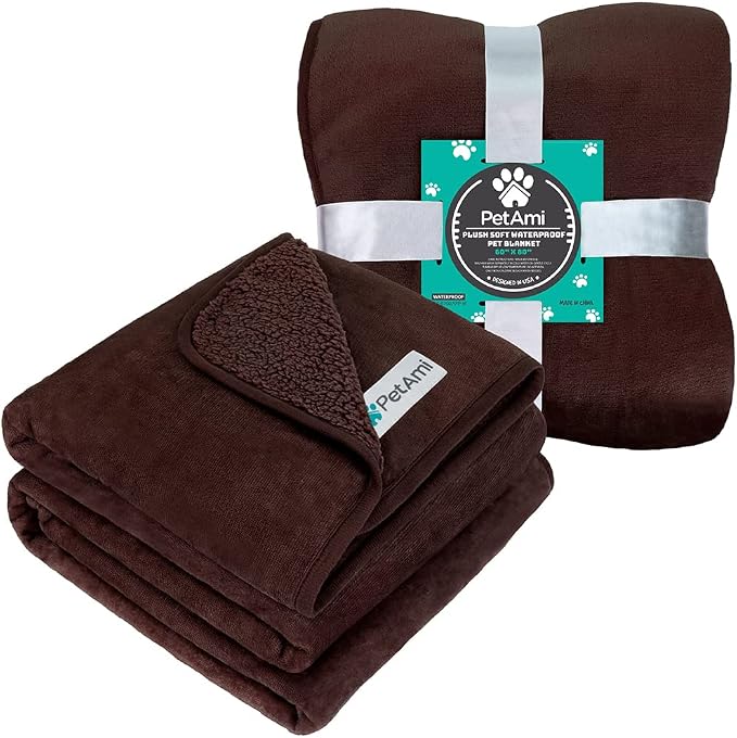 PetAmi Premium Waterproof Dog Blanket for Large Dogs, Reversible Sherpa & Flannel Fleece, Leakproof Pet Throw for Couch Protection, Soft Plush Furniture Protector for Cats, Washable, 60x80 Brown
