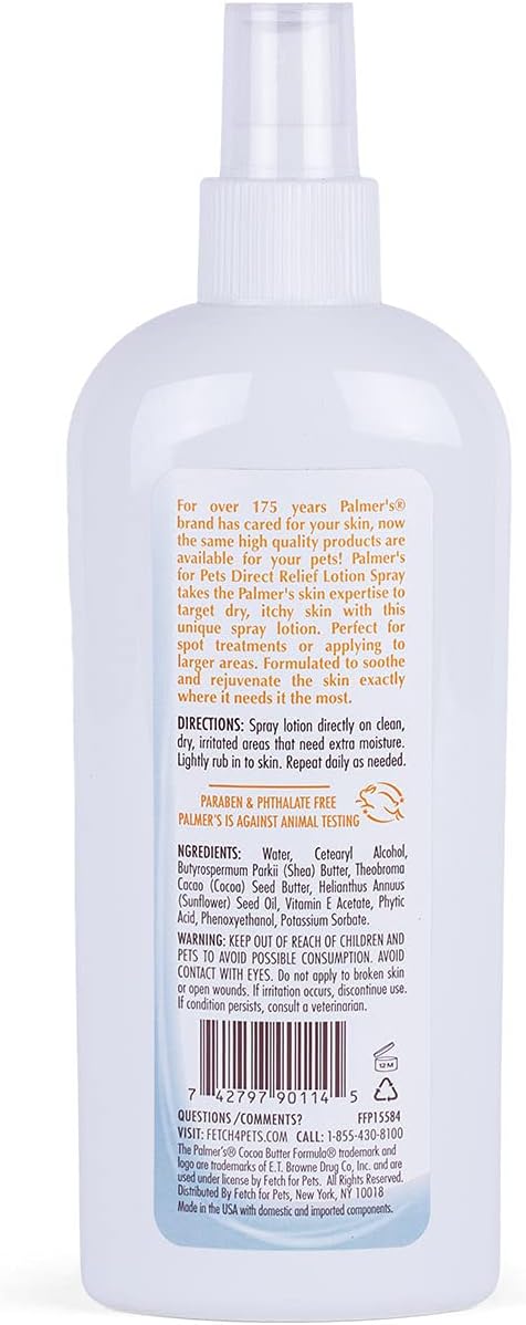 Palmer's for Pets Cocoa Butter Formula Dry Skin Relief Spray for Dogs, Direct Spray-On Lotion with Vitamin E to Soothe Dry and Itchy Skin, No-Mess Application, 8 Fl Oz