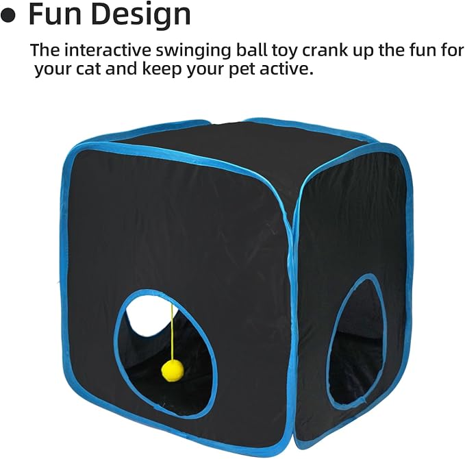 Cat Tunnels for Indoor Cats with Tent Cube and Feather Toy Collapsible Combo, Pop Up Cat Play Tunnel with Interactive Cat Toy Ball for Kitten, Ferret, Puppy, Guinea Pig, Rabbit, Bunny, Blue