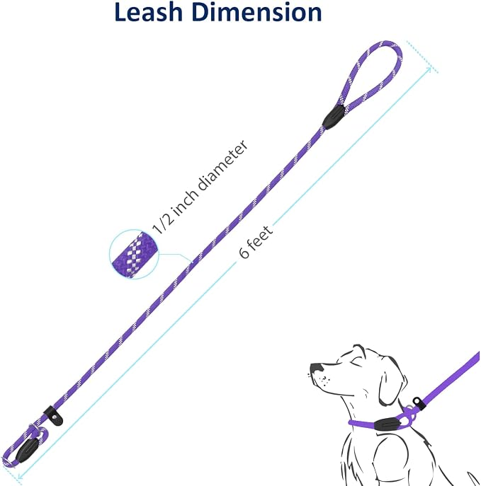 WePet Dog Training Slip Leash, No Pull, Durable Reflective Lead, Puppy Heavy Duty Loop Rope, Comfortable Handle, 6 ft, 1/2 inch, diam. Purple/Black