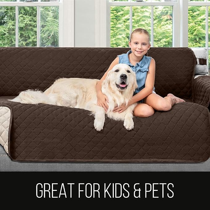 Sofa Shield® Couch Recliner Covers for Dogs, Reversible Furniture Protector with Strap, Stain and Tear Resistant Cushion Cover, 28 inch Seat, Machine Washable Slipcover Pets, Cats, Chocolate