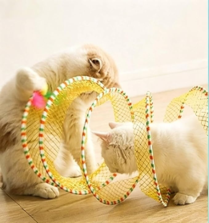 Andiker Spiral Tunnel for Cats, 21.45” Collapsible Cat Tunnel with Feather Toy and Plush Mouse Interactive Cat Toys for Indoor Cats to Relieve Boredom for Kitten (Yellow)