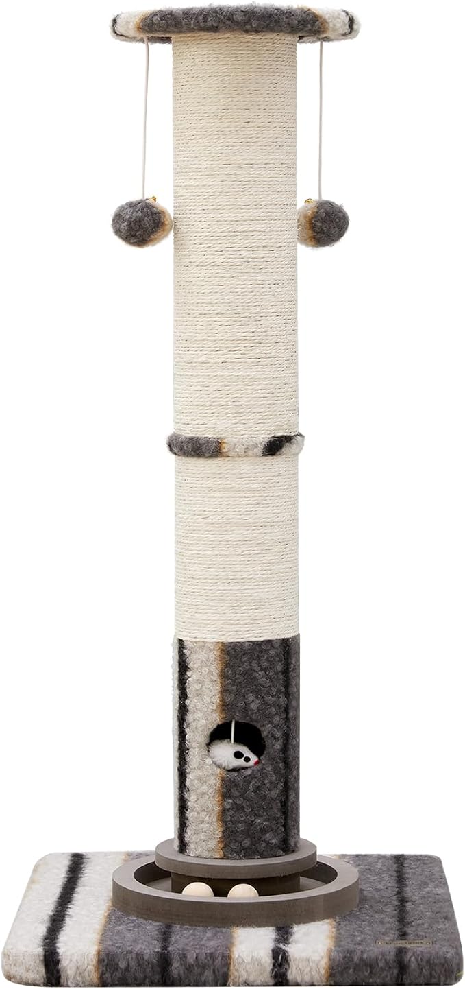 Woochpet 34inches Cat Scratching Post Sisal Cat Scratcher with Cat Ball Track Toy Heavy Duty and Thicker Large Diameter Natural for Adult Cats and Kitty Protect Your Furniture (Grey)