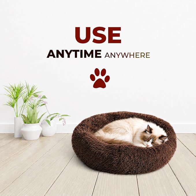 Whiskers & Friends Cat Beds for Indoor Cats, Fluffy Calming Donut Cat Bed, Small Dog Bed Washable - Orthopedic Soft Plush Pet Beds Sized for Kitten to Large Cats & Puppy to Small Dogs, Chocolate Brown