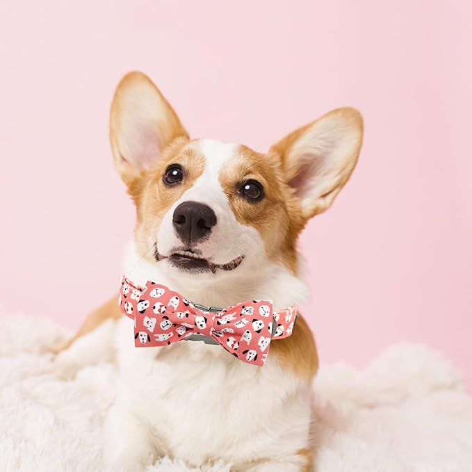 Elegant Little Tail Pink Heart Print Dog Collar - Adjustable Bowtie Collar for X-Small Dogs