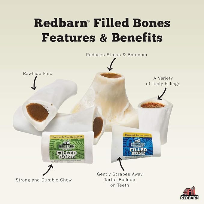 Redbarn Large Cheese n' Bacon Filled Bones Dog Treats 20-Pack - Premium Beef Femur Bones for Aggressive Chewers, Long Lasting Dog Chews for Large Dogs, Dental Health