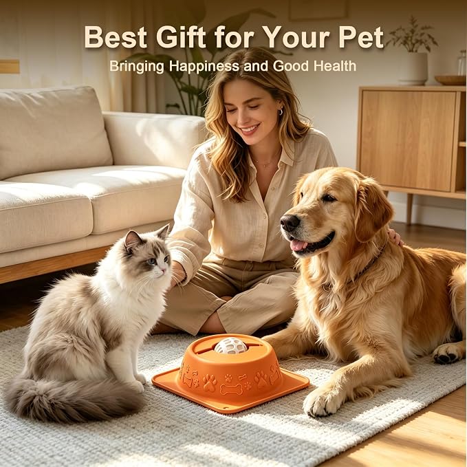 Slow Feeder Dog Bowl for Liquid Treats, Anti-Slip Lick Bowl with Smooth Rolling Ball, No Spill Pet Bowl Yogurt Water Pup Lick Toy for Large Medium Small Dogs and Cats, Anxiety Relief Boredom, Orange