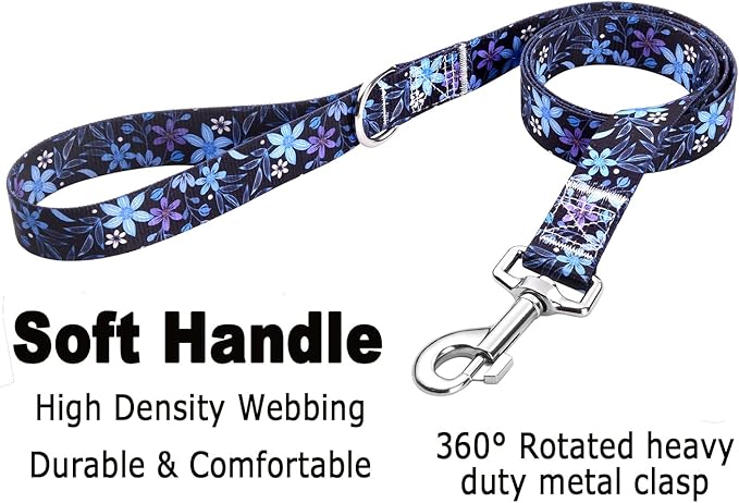 Mihqy Dog Collar and Leash Set with Bohemia Floral Tribal Geometric Patterns - Soft Ethnic Style Collar Adjustable for Small Medium Large Dogs(Blue Floral Set,M)