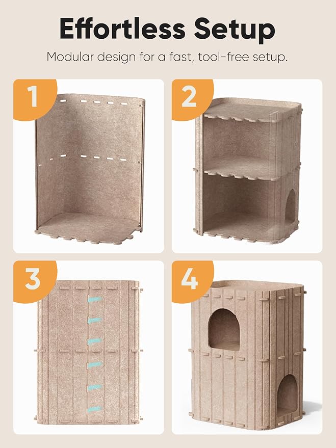 FUKUMARU Cat House for Indoor Cats, 23.62 Inch Large Cat Bed Cave Condo, 2-Storey Cozy Felt Covered Cats Tunnel Kitten Hideaway for Multicats, Scratch Resistant, Beige