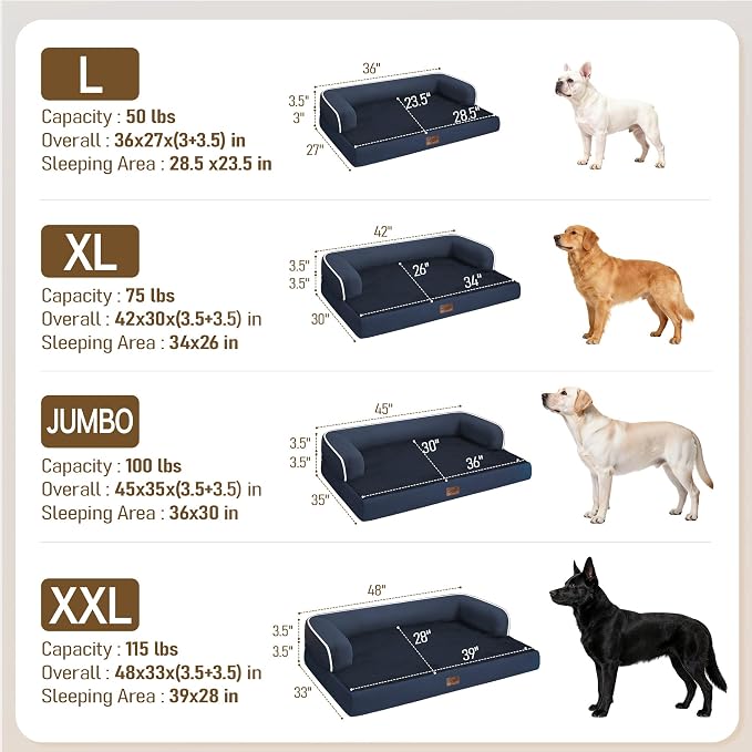 Comfort Expression Large Dog Bed Orthopedic - Washable XL Dog Beds Waterproof Pet Couch Memory Foam Sofa Bolster with Removable Cover - 42 x 30