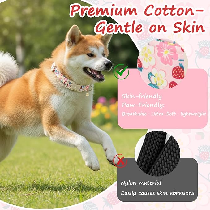 Dog Collar for Large Dogs, Spring Pink Dog Collars with Strawberries & Flowers, Adjustable Large Dog Collars, Cute Girl or Boy Dog Collar Ideal for Puppy Gifts,Pet Accessory