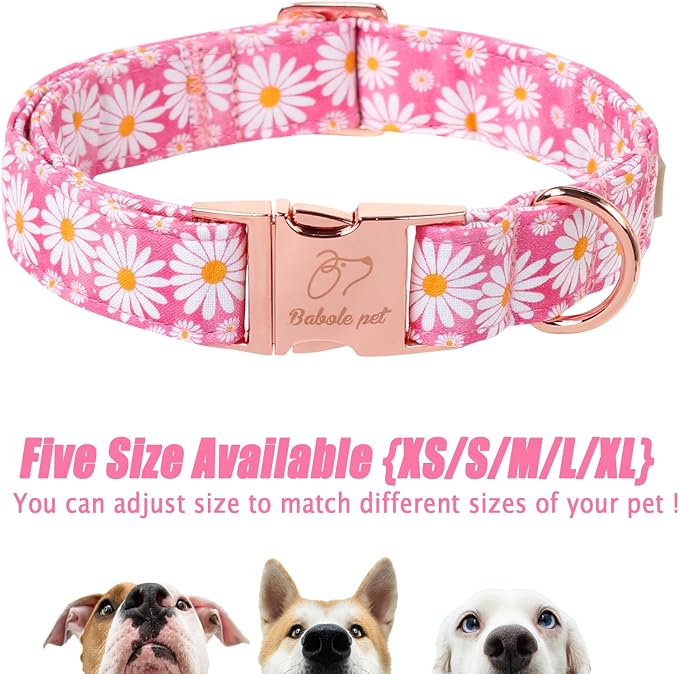 Pink Daisy Dog Collar, Cute Spring Flower Female Pet Collar with Metal Buckle, Soft Adjustable Designer Dog Collars for Small Medium Large Dogs S