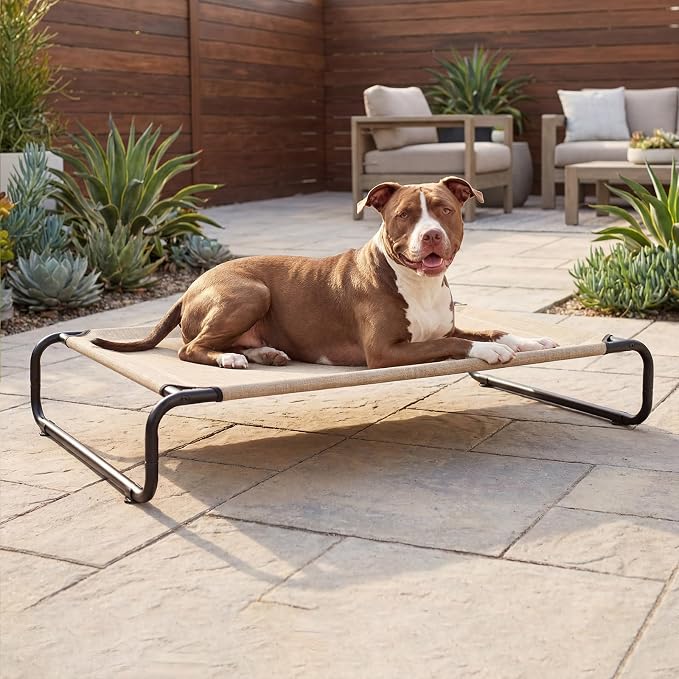 Veehoo Cooling Elevated Dog Bed, Outdoor Dog Bed for Large Dogs, Raised Dog Cot with Thickened Frame, Durable Teslin Mesh & Anti-Slip Rubber Feet, Pet Hammock for Indoor or Camping, 45" x 30", Beige