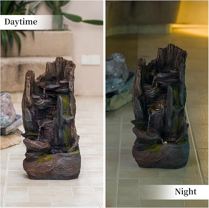 23.7" H Outdoor Garden Fountains, Cascading Rock Water Fountain Indoor, Freestanding Resin Water Feature for Patio, Backyard, Deck, Porch Home Decor