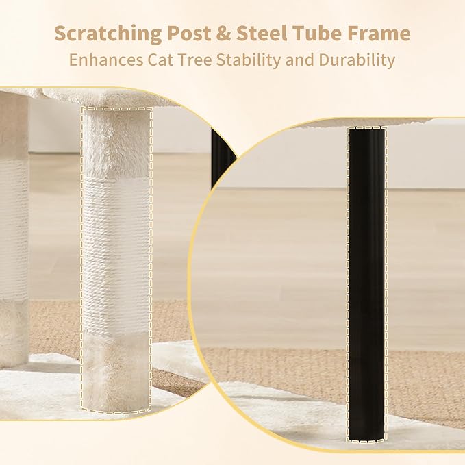 Heybly Cat Tree, 49.2 Inches Cat Tower for Indoor Cats, Spacious Cat House Condo with Hidden Space,Sturdy Steel Tube,Soft Plush Top Perch,Cozy Hammock and Sisal Scratching Posts, Beige HCT200SM
