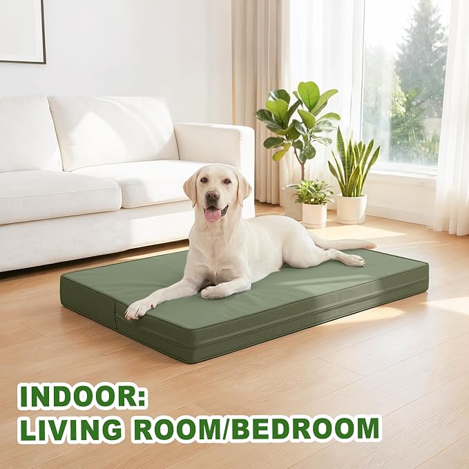 Vonabem Outdoor Dog Bed Waterproof Washable, XXL Crate Pad 48 Inch, Wipeable Leather Pet Beds with Removable Cover Reversible, Durable Anti-Slip Kennel Pads 47"x29" Green