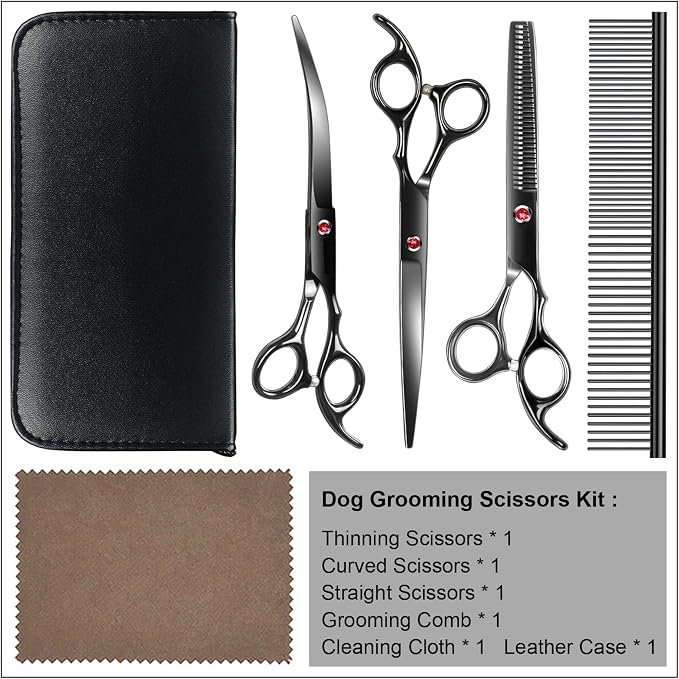 TINMARDA Dog Grooming Kit, Titanium Black Stainless Steel Dog Grooming Scissors with Curved Shears, Black Finger Rings - 4 Piece Sharp Durable Pet Shears for Dogs Cats At Home Salon-Quality Grooming