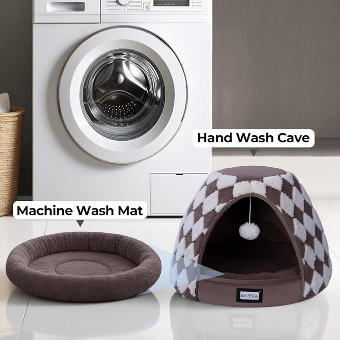 BALANCE Cat Beds for Indoor Cats, 2-in-1 Cat Bed Cave with Anti-Slip Bottom and Ultra-Soft Plush, Cozy Cats House Tent for Kittens and Small Dogs, 21 Inches, Dark Brown
