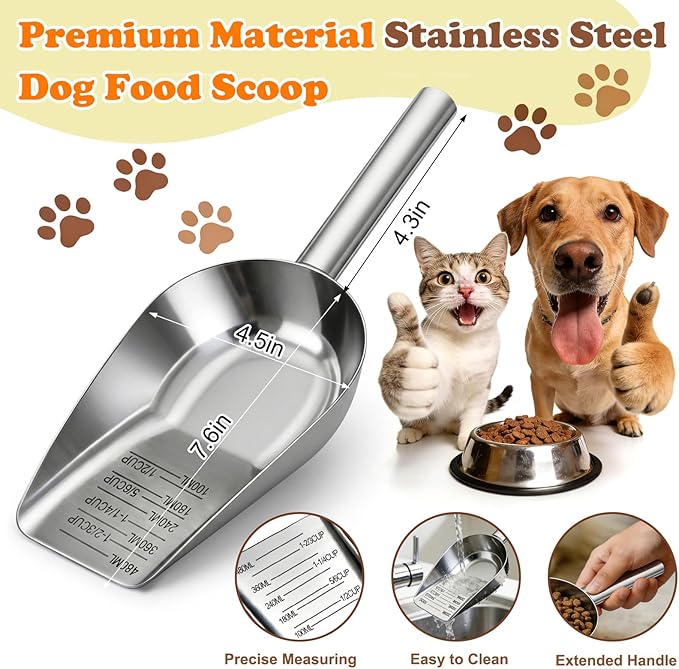 Mity rain Dog Food Scoop Stainless Steel with Long Handle, Precise Dog Food Measuring Cup 1.5, 1 1/4, 1, 3/4, 1/2 Cup, Pet Scoop for Cats, Rabbits, Animals, Metal Spoon for Dog Food Storage (2CUP)