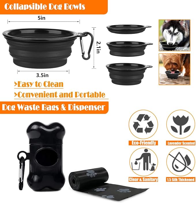 LOBEVE No Pull Dog Harness, Collar & Leash Set | Includes Dog Seat Belt, Collapsible Bowls & Poop Bag Dispenser. Ideal for Training, Walking, Hiking. Fits Small to Large Dogs(Black-L)